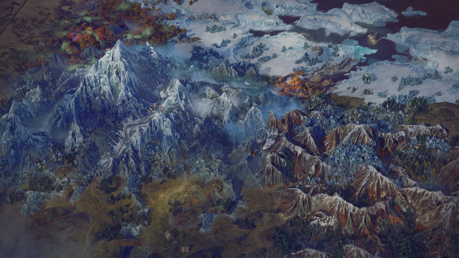 Official Frosthaven digital world map showing the coastal settlement, frozen mountains and northern ice.